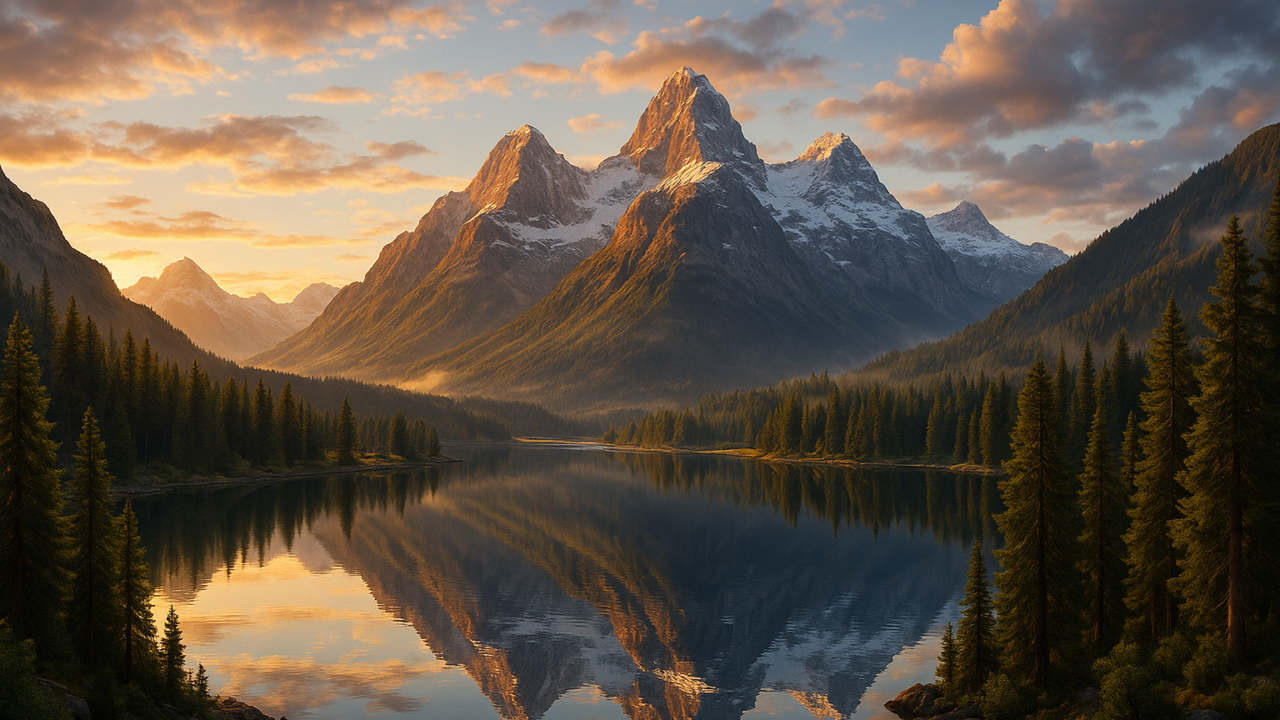 Majestic mountains reflecting in a tranquil lake at sunrise, surrounded by dense forest