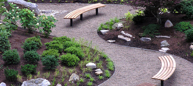 In creating a walking path or area, also provide ample areas for respite by including benches or other seating spaces. 