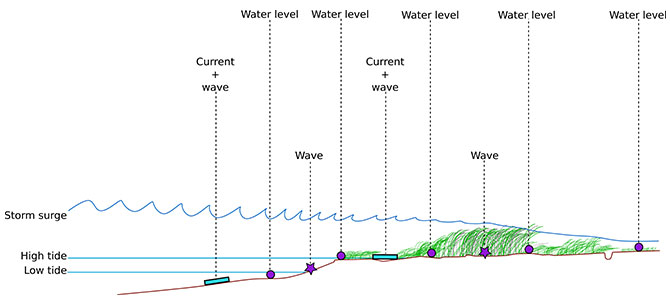 Graph of attenuation of water levels as surge moves through a marsh wetland from field monitoring in coastal wetlands of the U.S. mid-Atlantic to support quantification of storm surge attenuation at the regional scale: AGU Fall Meeting, 2015.