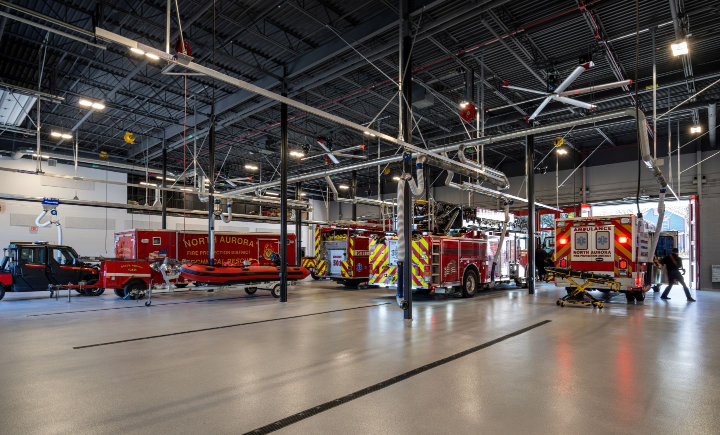 The apparatus bay in the North Aurora Fire Station #1 in North Aurora, Illinois, is appointed with systems for exhaust filtration and scrubbing. Photo courtesy Peter McCullough