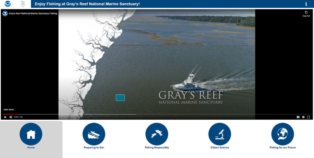 Home page for the Gray's Reef Best Practices Fishing Guide, where users are greeted with an embedded video of Stan Rogers, Gray's Reef National Marine Sanctuary superintendent.