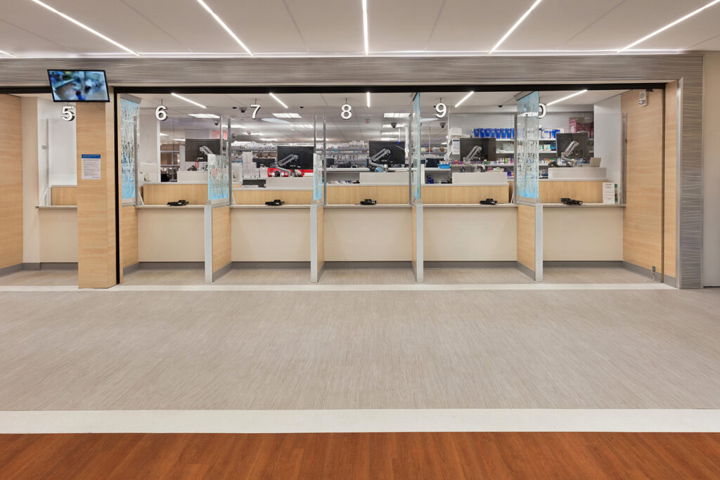 POS stations enhanced by new glass dividers and color-changing LED lighting.