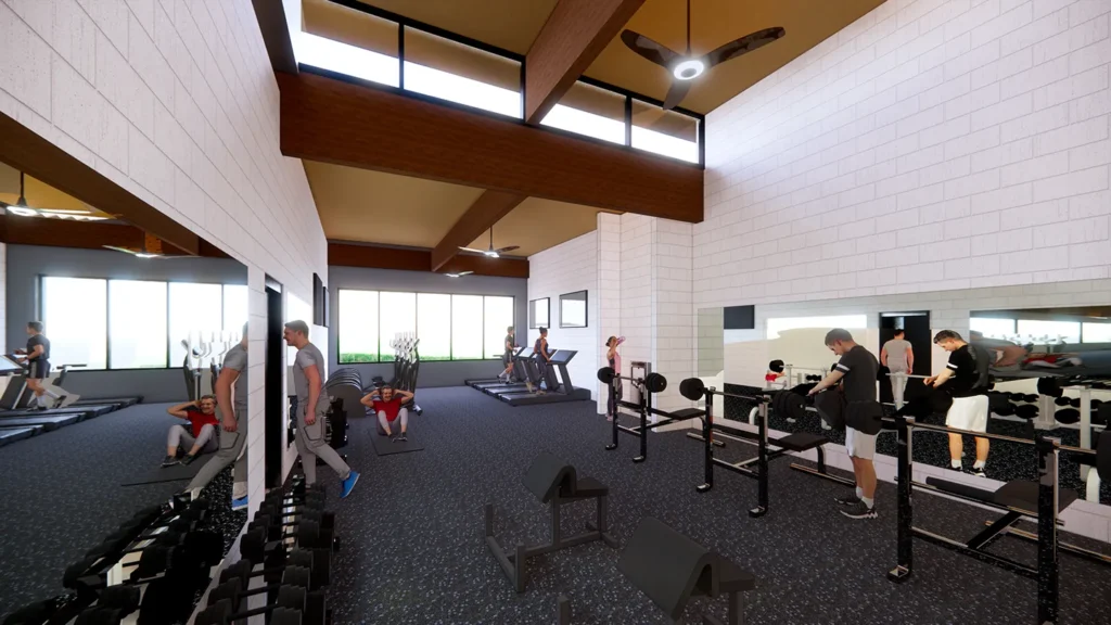 In fitness areas, higher ceilings, volume, air circulation, and natural light further support physical wellness.