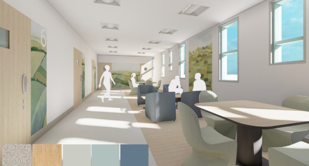 Throughout the adult section of the facility, we incorporated wall murals and printed artwork to calm and inspire patients.