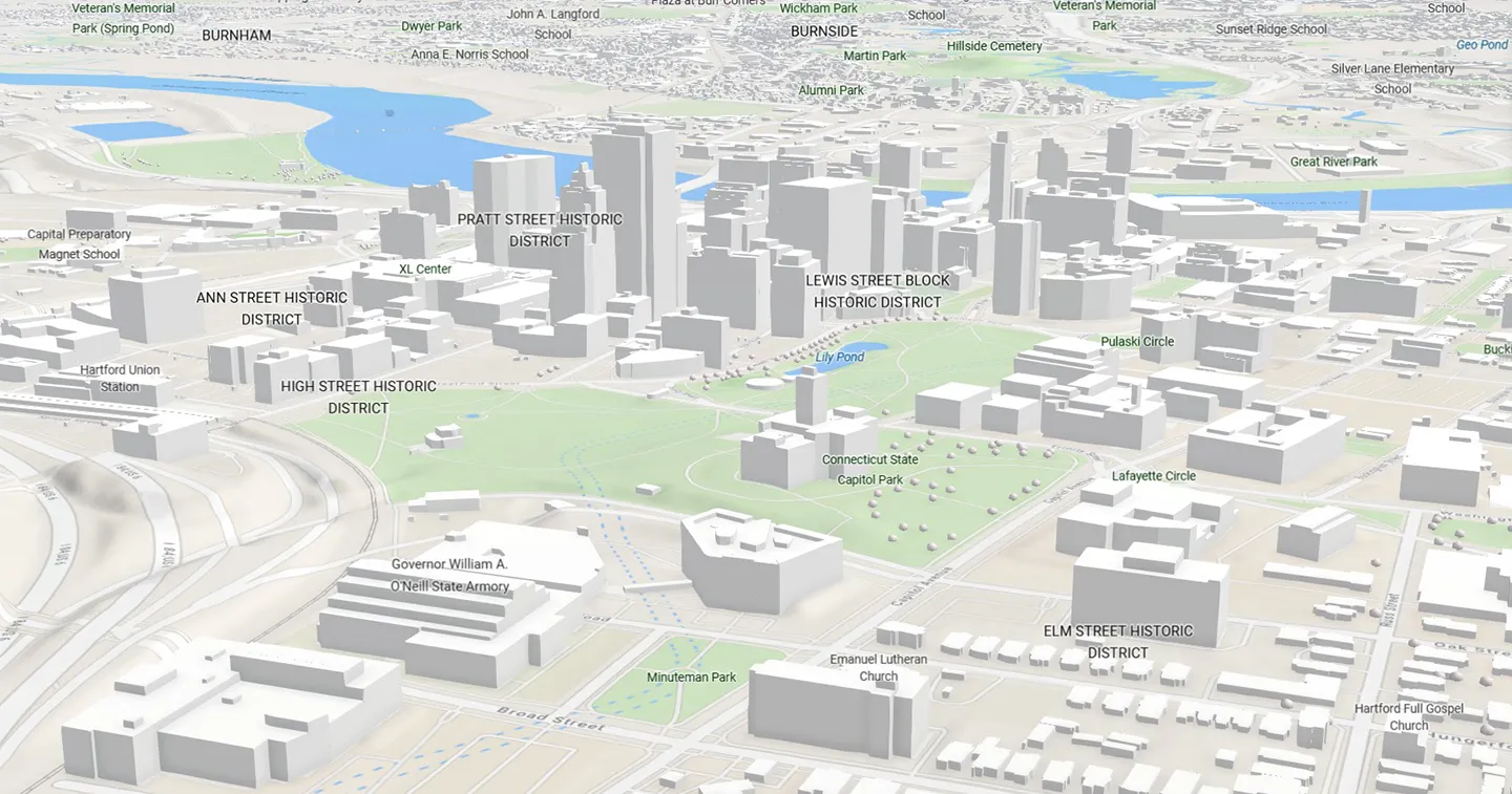 Aerial imagery collected from our surveys will help support infrastructure and urban development of Connecticut. Captured from ArcGIS scene viewer.