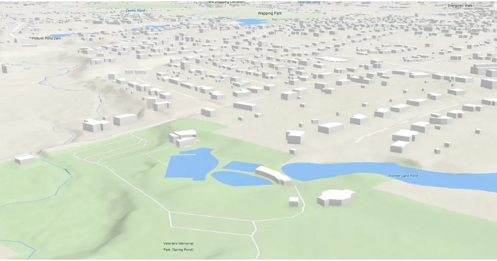 3D modeling of a neighborhood in Connecticut. Captured from ArcGIS scene viewer.