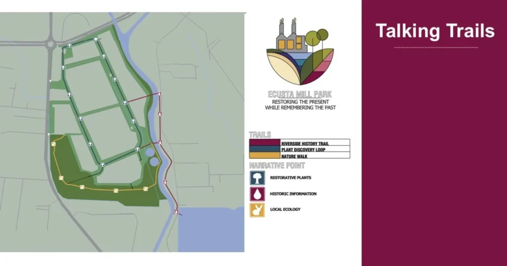 An interconnected system of trails, named by the group as the “Talking Trails,” would utilize artificial intelligence (AI) to educate visitors on their surroundings. Graphic created by Abigayle Vann and Addyson Hunsicker.
