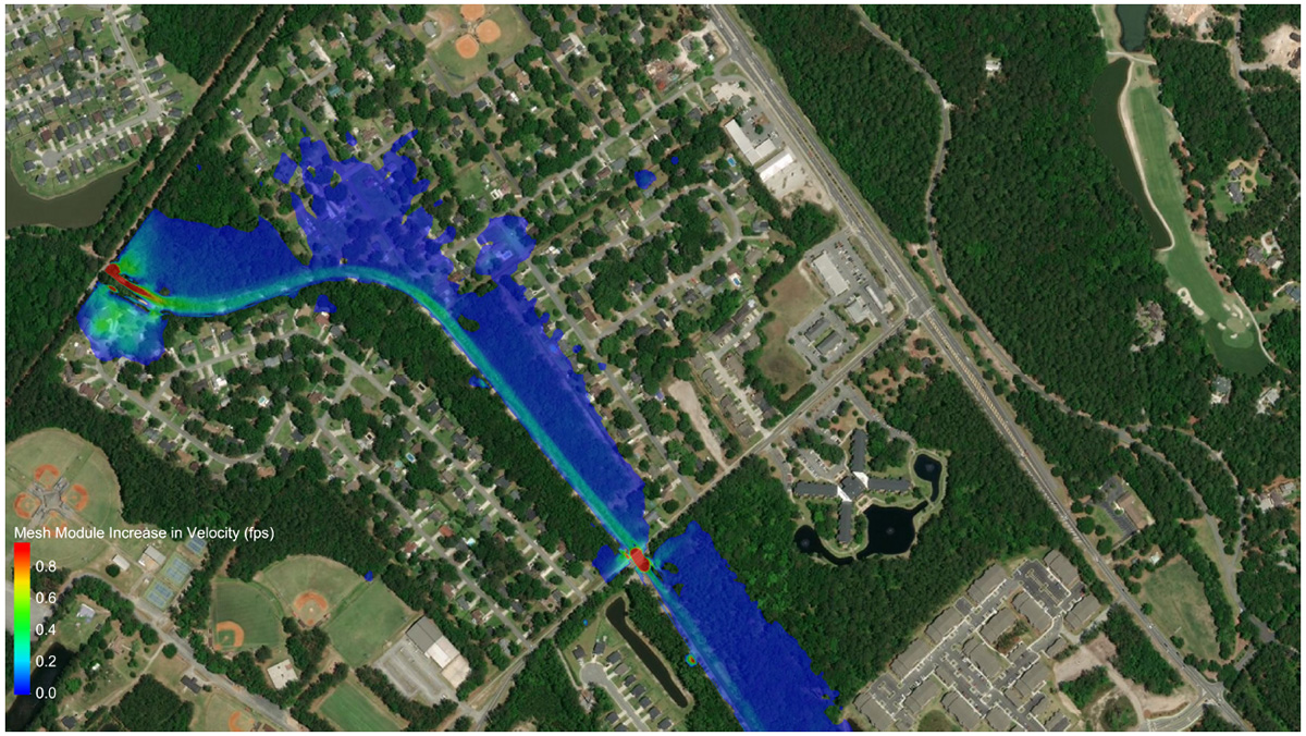 Velocity comparison between the existing and proposed conditions for a tidally influenced bridge. The client wanted to reduce flood velocities in the surrounding neighborhoods to improve safety during flooding.