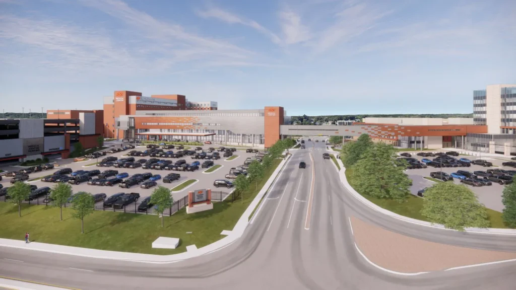 Rendering of OSUMC’s 350-foot-long pedestrian sky bridge. Rendering courtesy of Dewberry.