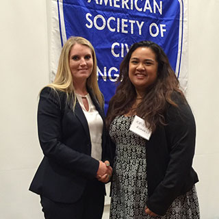 Laura Coley (left) awarding 2015’s ASCE Scholarship winner. Photos courtesy of Stacy Fysz.