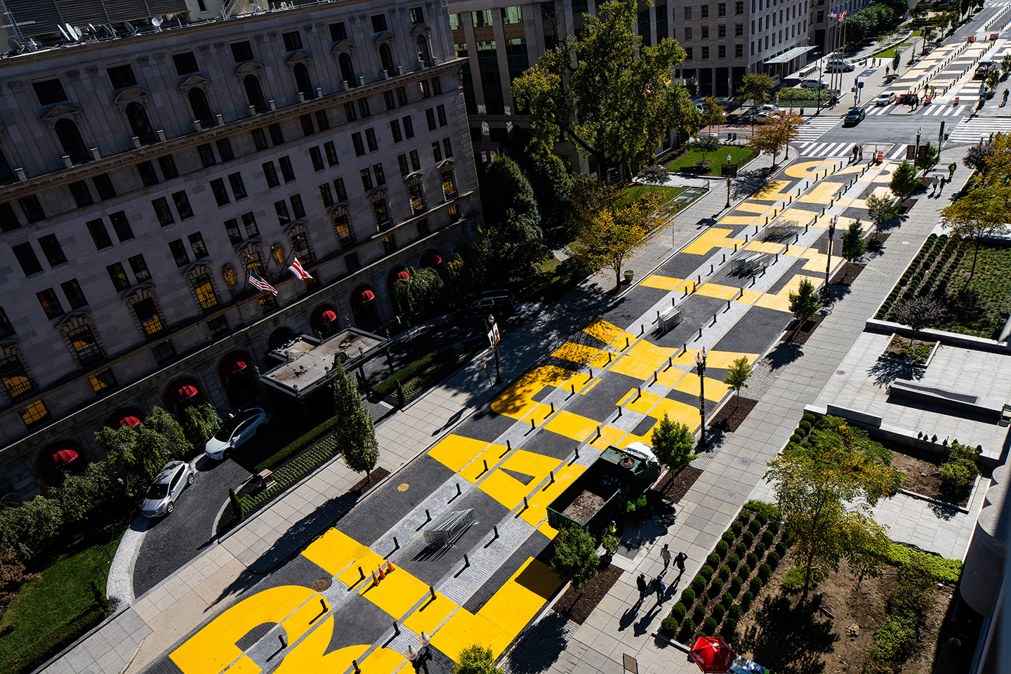 The pedestrian-only plaza features Americans with Disabilities Act (ADA)-compliant push buttons for traffic signals and refreshed crosswalk markings. Photos courtesy of Dewberry.
