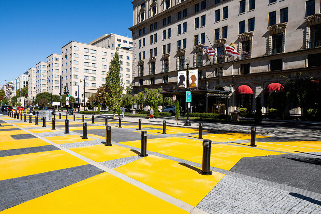 The pedestrian-only plaza features Americans with Disabilities Act (ADA)-compliant push buttons for traffic signals and refreshed crosswalk markings. Photos courtesy of Dewberry.