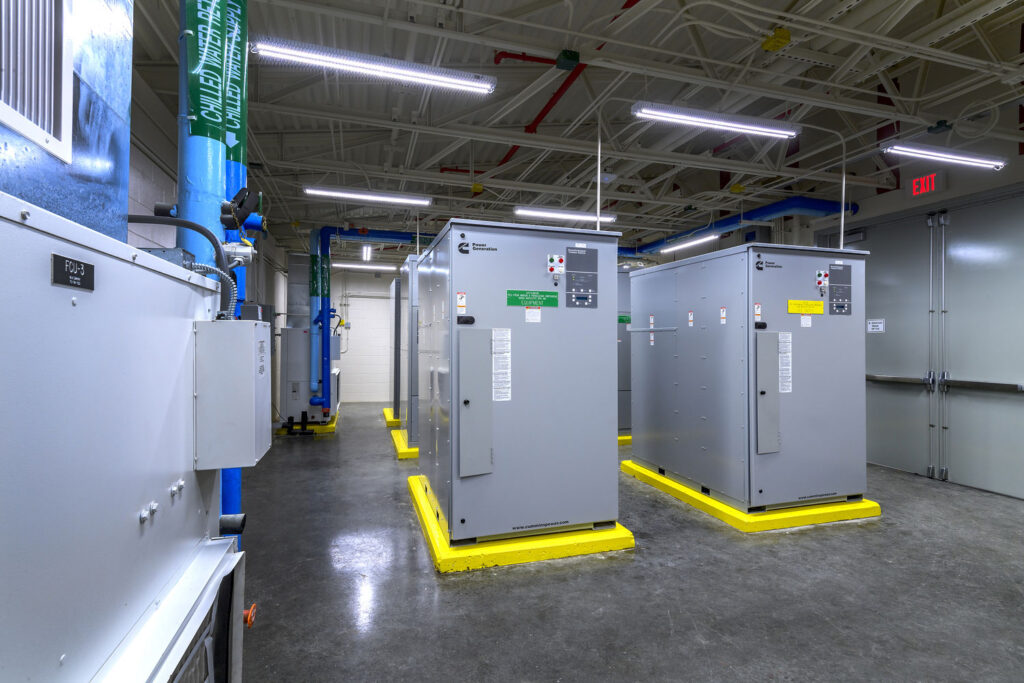 The project features new electrical service and distribution, emergency generators, cooling towers, and distribution to the main hospital. Photo courtesy of G. Lyon Photography, Inc. Geoffrey Lyon, photographer.