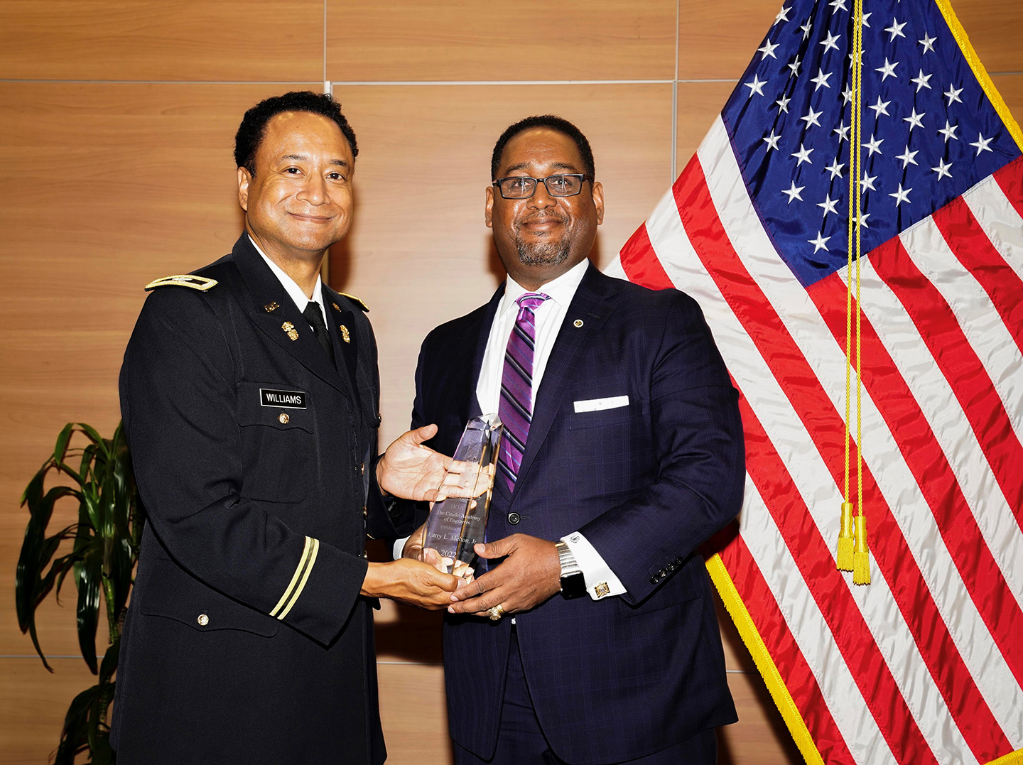 Larry L. Melton pictured with Andrew Williams, Ph.D., Dean, The Citadel School of Engineering. Photo courtesy of The Citadel.