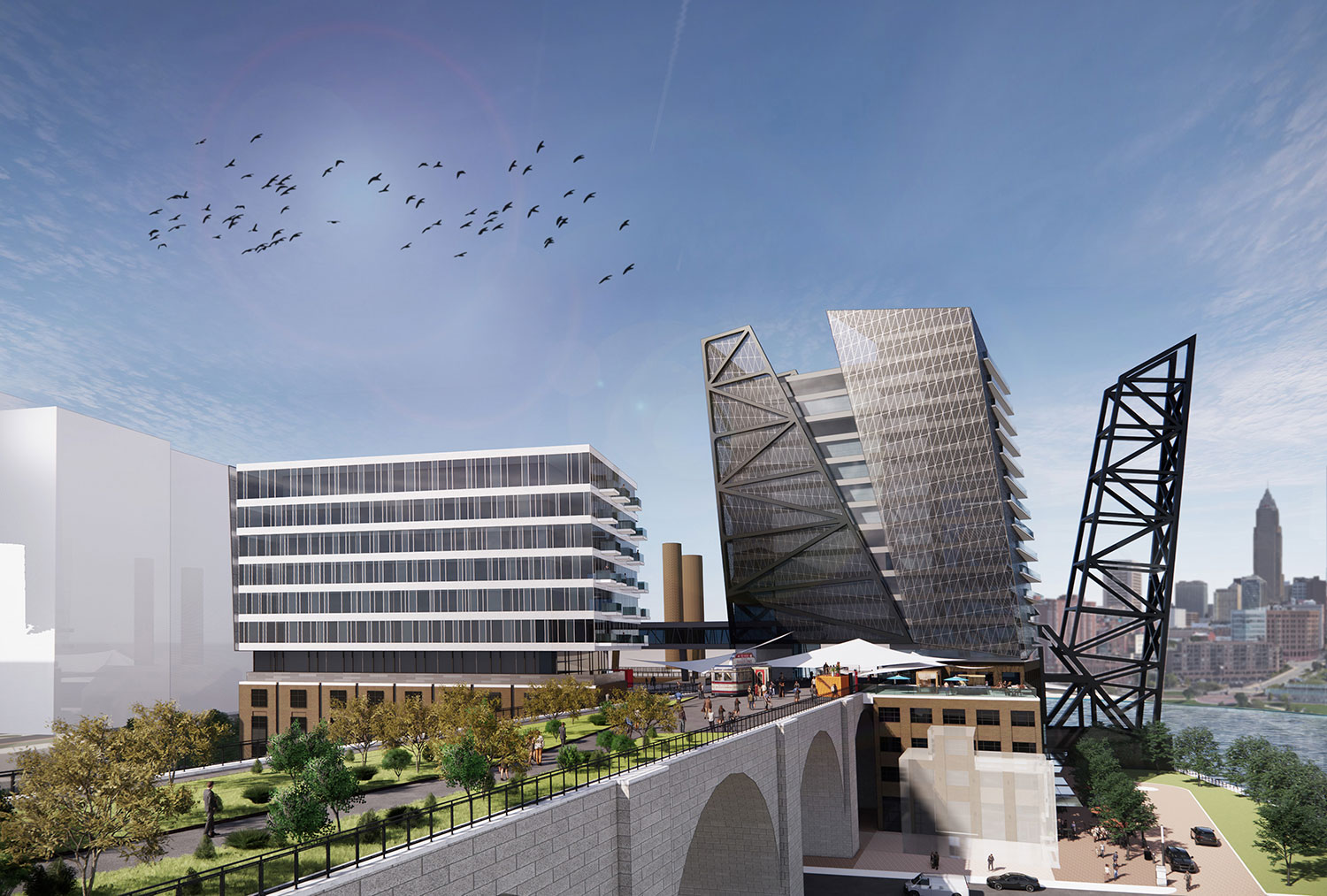 The proposed development would be home to a hospitality and residential building, the Riverbend, which would house 200 hotel rooms and 85 residential units. Image courtesy of Dewberry.