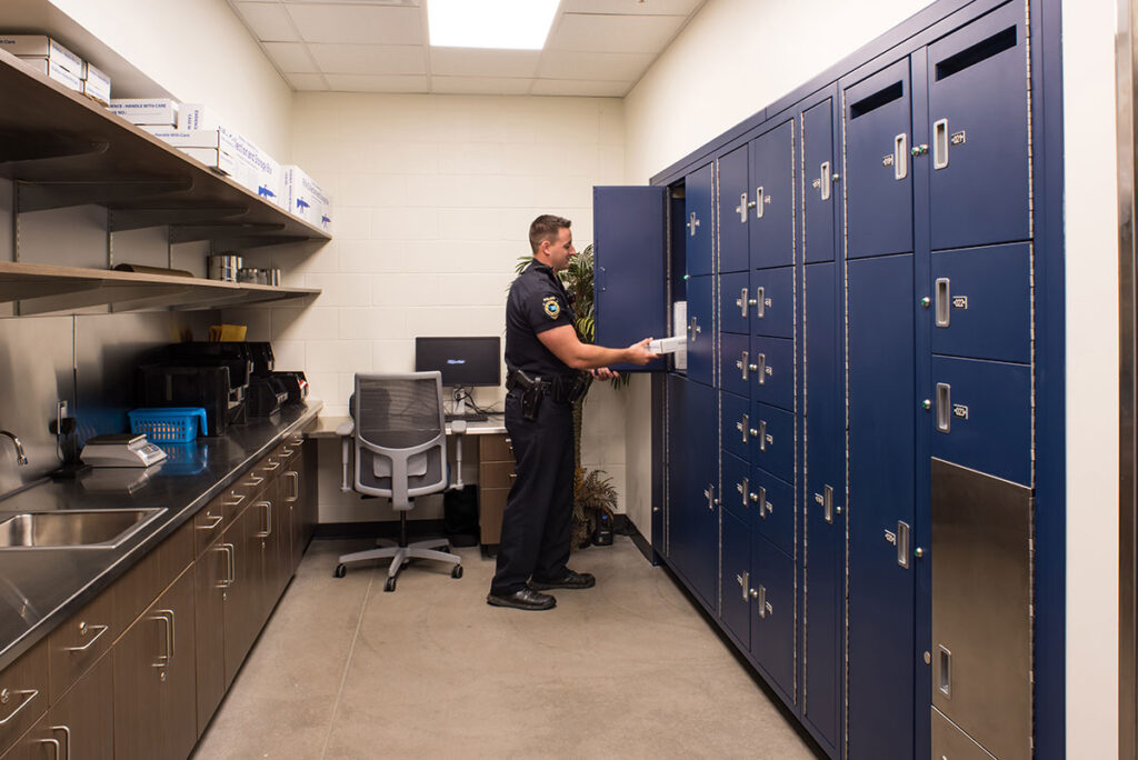 Evidence lockers with secure pass-through to provide chain of custody. Photo by Jon B. Peterson Photography, courtesy of Dewberry.