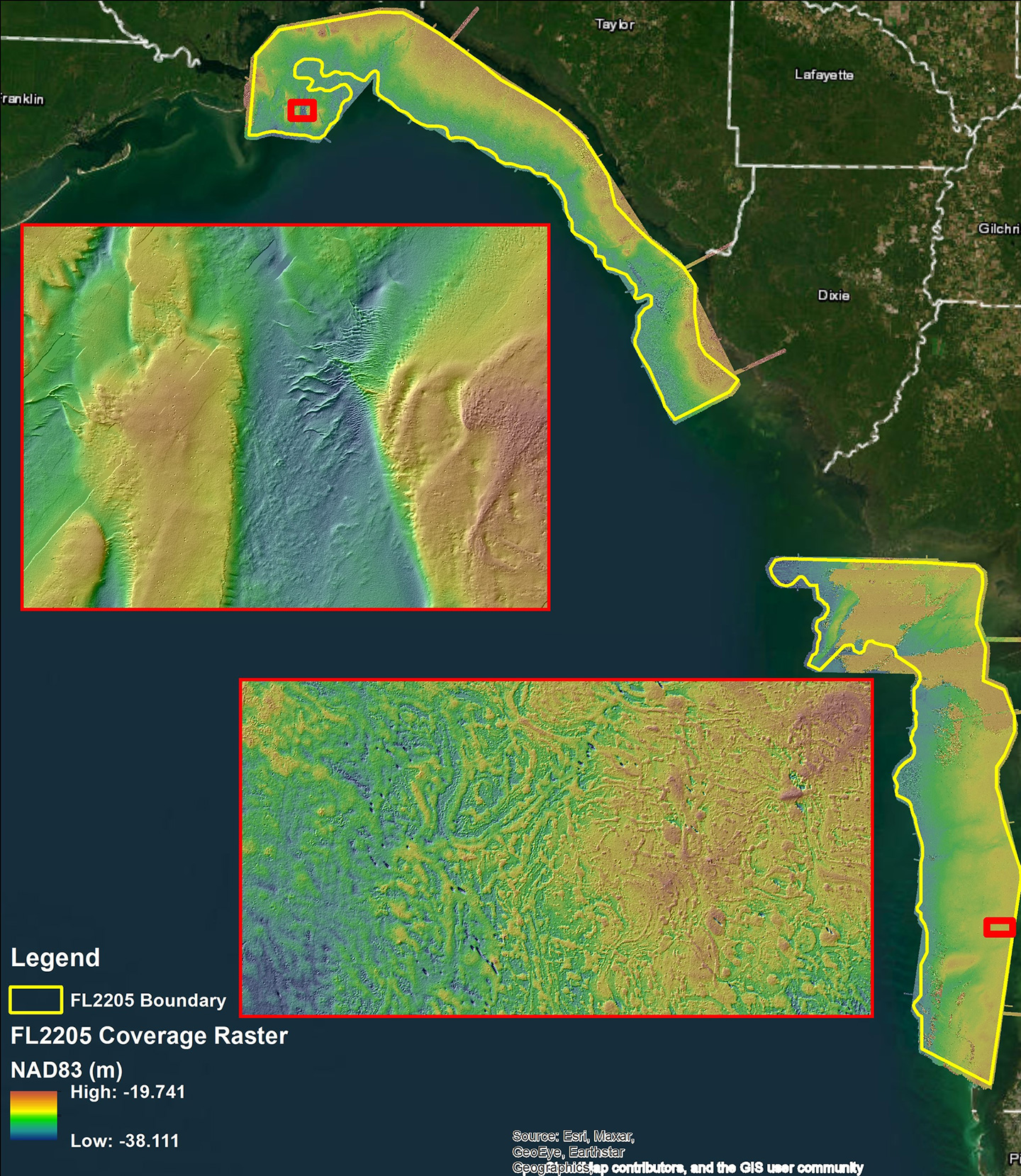 Project boundary shown in yellow with a coverage raster mosaic for the full area as well as two insets that provide a close-up view of sample areas in the north and south regions of the project.