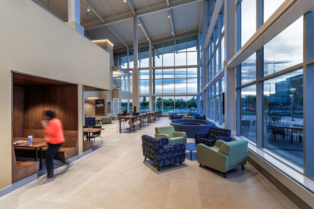 The lounge areas feature a variety of scales and textures, which makes it a comfortable place for students. Photo courtesy of Dewberry. Mark Ballogg, photographer.