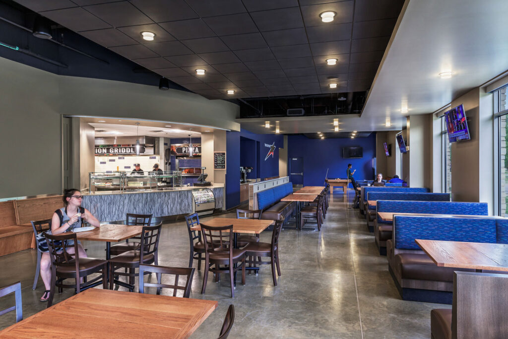 The union also features dining facilities, which makes the building a central location on the campus. Photo courtesy of Dewberry. Mark Ballogg, photographer.