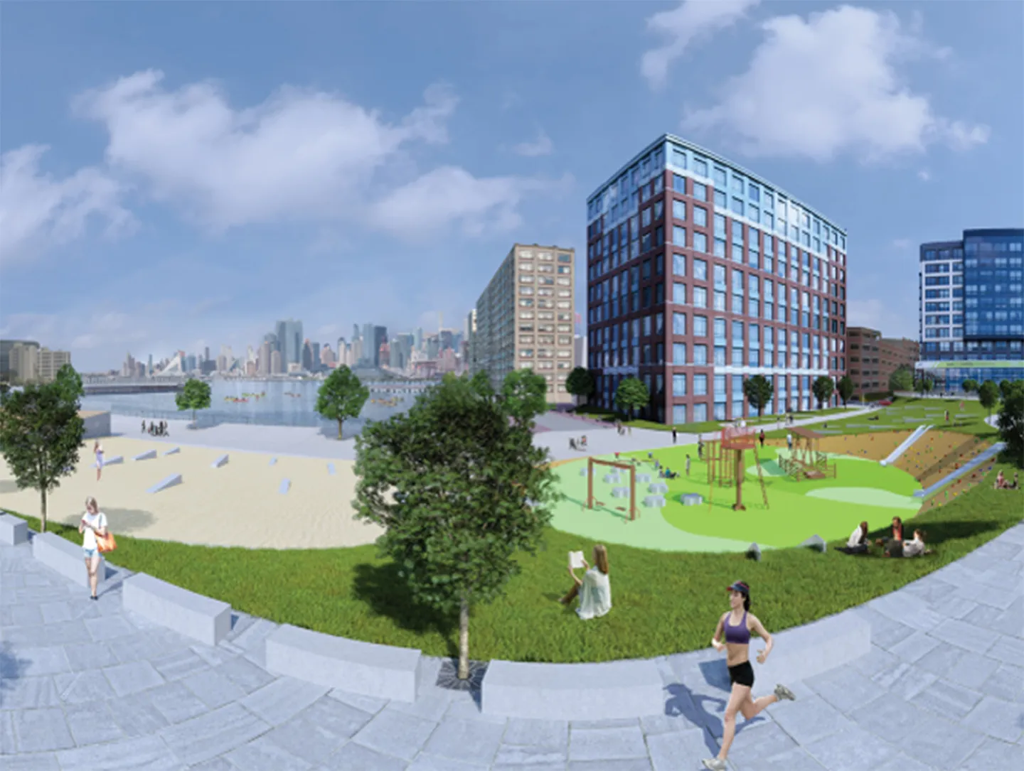 Coastal flood protection system integrated with urban amenities to reduce flooding risk from coastal storm surge