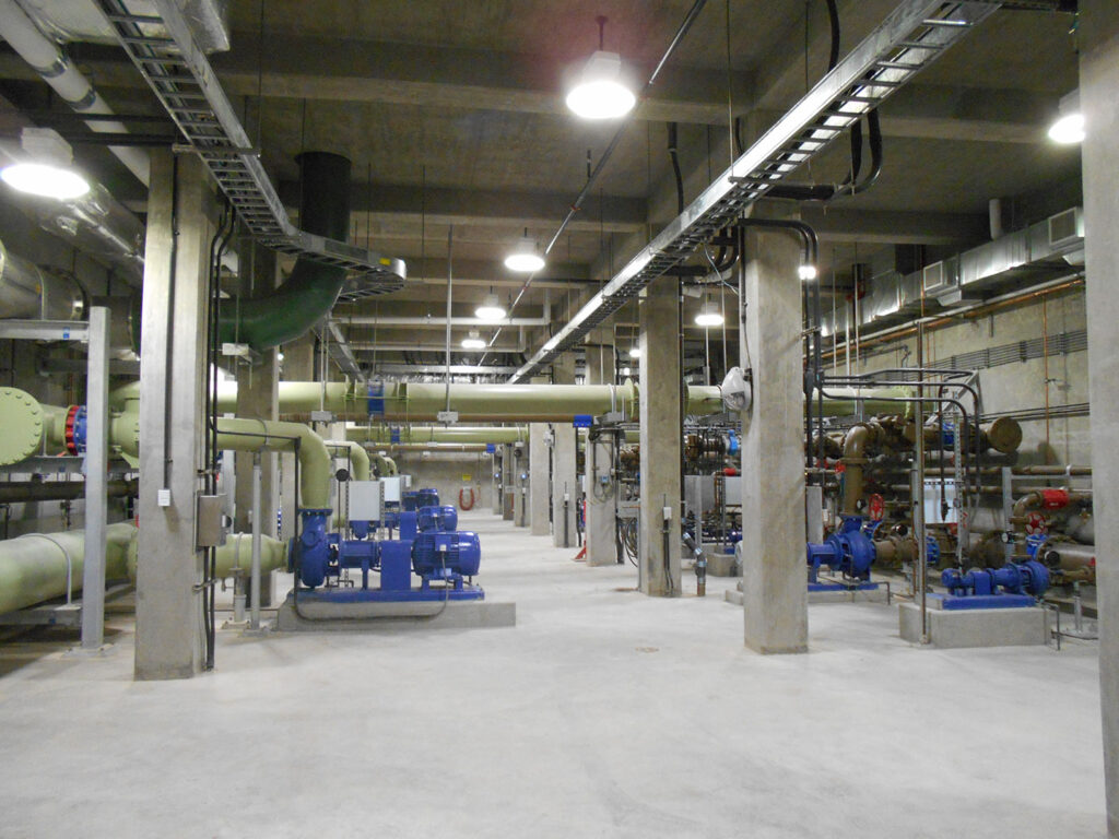 The process pump station houses internal recycle pumps for nitrogen removal, and return-activated sludge, waste-activated sludge, and scum pumps. Photo courtesy of Dewberry. Ellen Wuori, photographer.