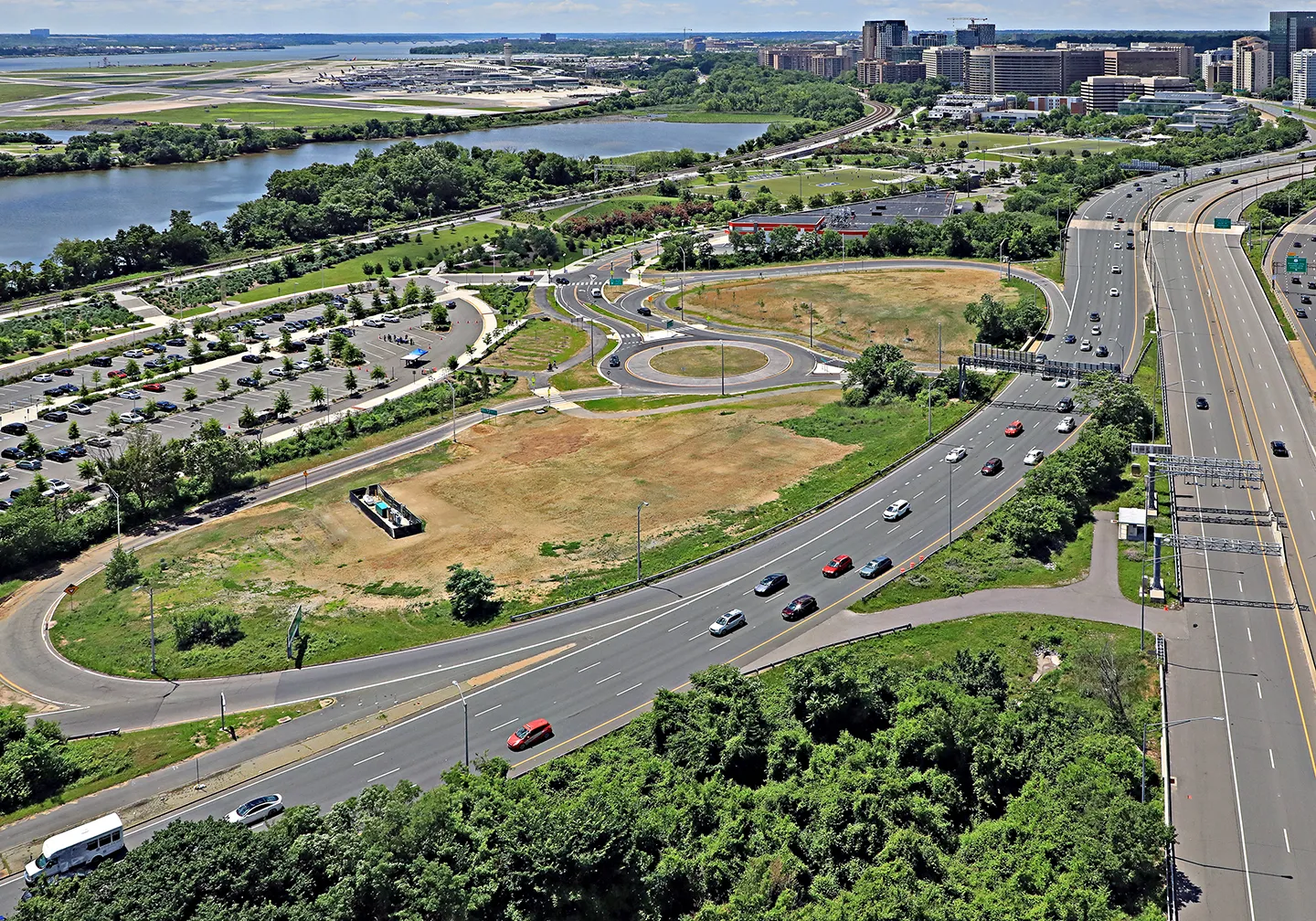 The existing interchange ramps were replaced by two roundabouts, improving operations and safety. Photo courtesy of Shirley Contracting Company, LLC.