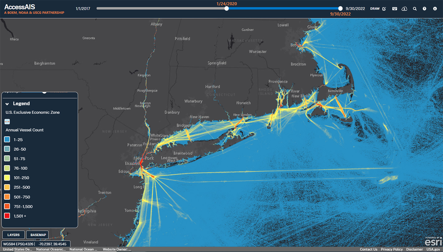 New York and surrounding areas' vessel traffic datasets, ranging from 0-200 nautical miles offshore, represented on the U.S. Coast Guard’s Automatic Identification System (AIS) within the MarineCadastre.Gov online resource.