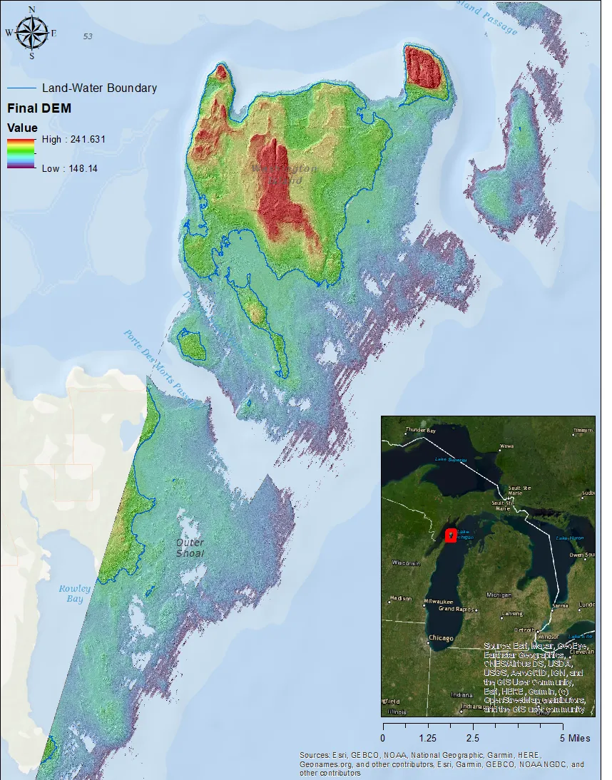 A digital elevation model (DEM) of the Entry to Green Bay Topobathy Lidar project.