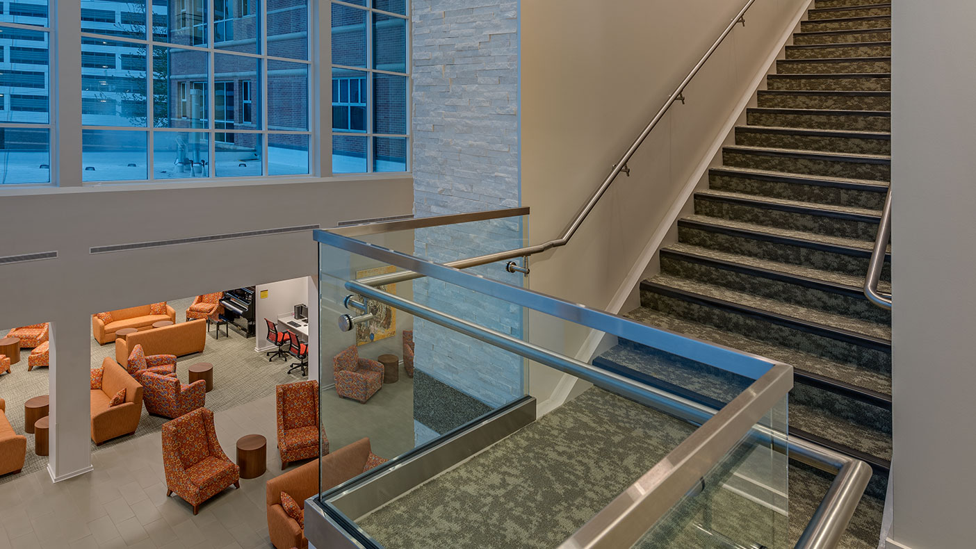 The grand stairway leads down to the new waiting/common area.
