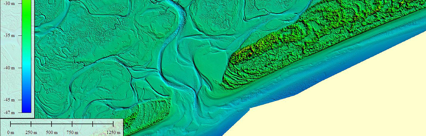 We developed a method using ECognition and ArcGIS to automate breakline definition of the land/water interface. An image of Bear Inlet, North Carolina, is color coded for elevation (ranging from -17 to -47m) based on an ellipsoid datum.