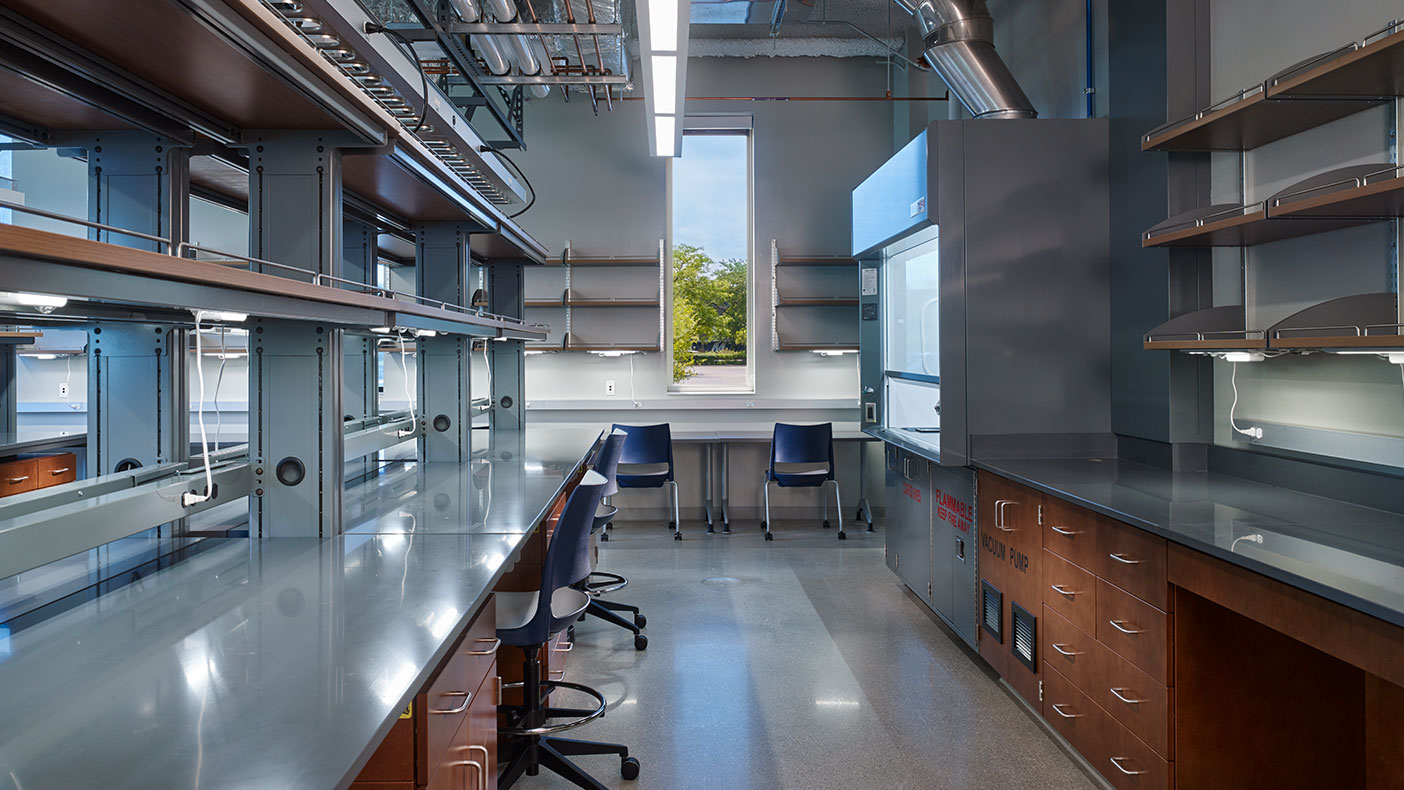 In addition to the laboratories, this 57,500-square-foot building includes a student lounge, student offices, researcher offices, a seminar room, and a unit operations lab.