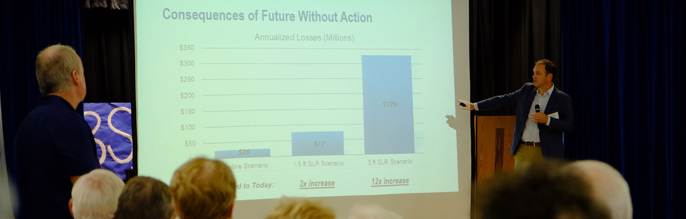 Brian Batten presenting on sea level rise impact projections and adaptation options to Virginia Beach residents.