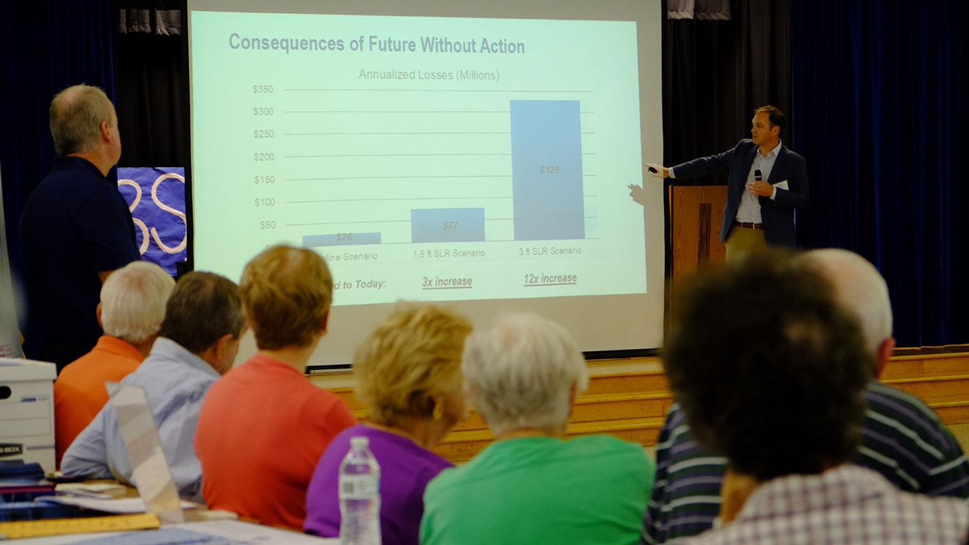 Brian Batten presenting on sea level rise impact projections and adaptation options to Virginia Beach residents.