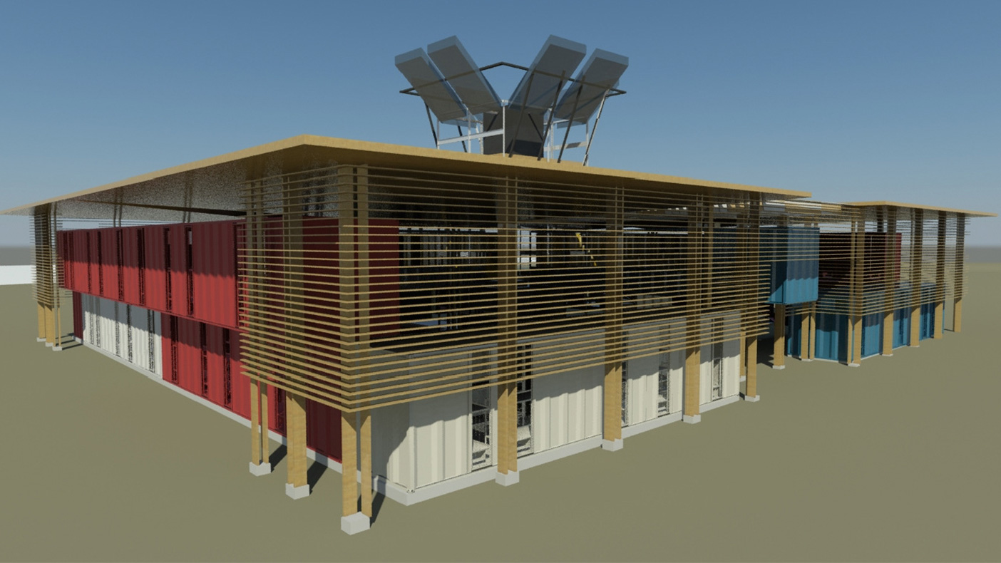 The containers can be arranged and customized to accommodate a variety of program needs, including housing, food preparation, training, and administration.