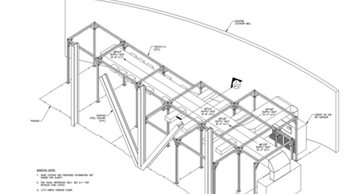 We designed a steel support structure that supports both cabling and HVAC duct work without blocking the existing fire suppression system or existing equipment. The structural framing was designed for seismic loading.